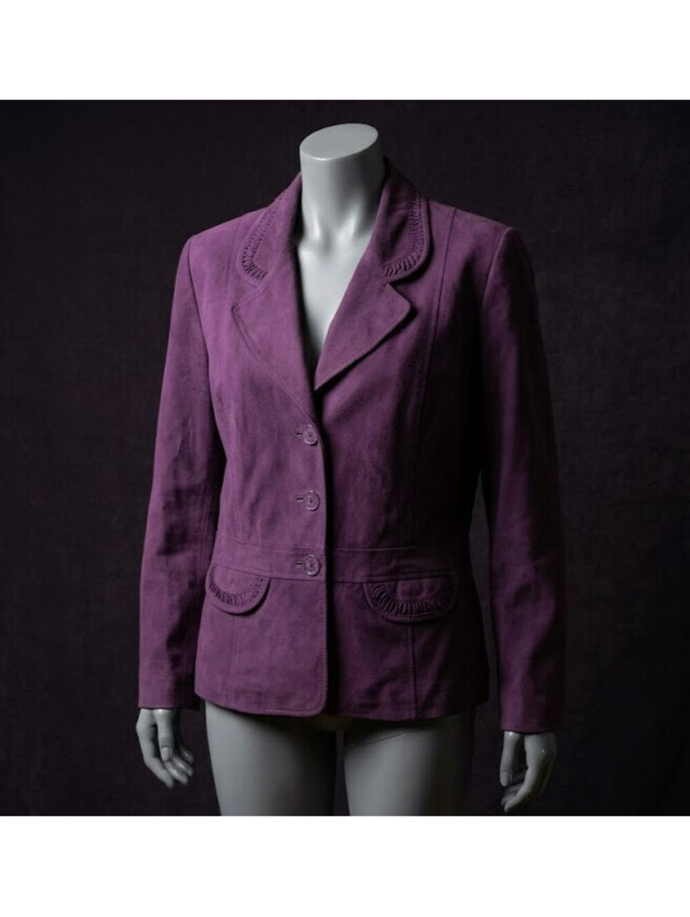 Alfred Dunner Petite Faux Suede Jacket Blazer 10P Purple Notch Lapel Ruffle Pock